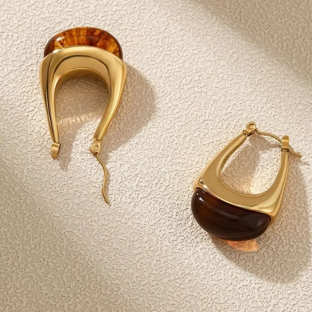 NEW 18K Gold Plated Elegant Gold and Brown Hoop Earrings